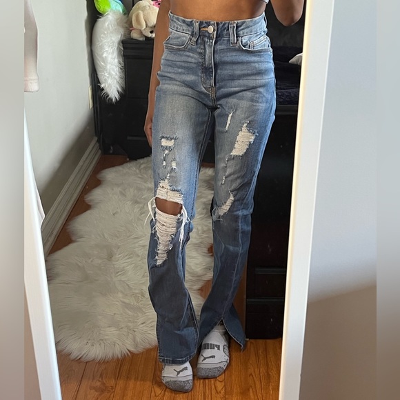 High waisted distressed jeans with split hem - Picture 1 of 4